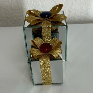 2 small handcrafted mirrored gift boxes.